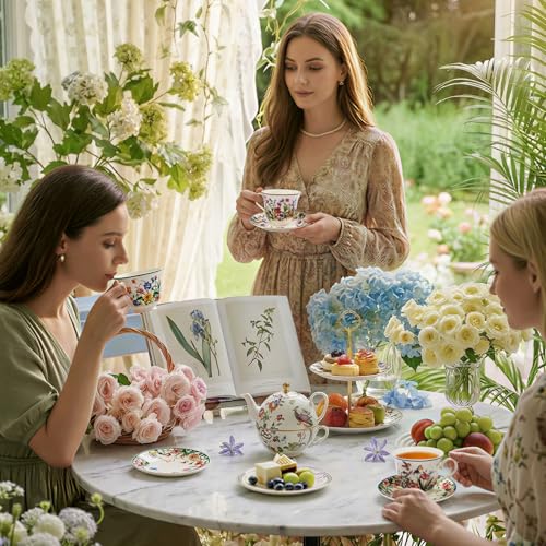 XRBEOU Green-Trimmed 8 oz Floral Butterfly Porcelain Tea Cup & Saucer Set