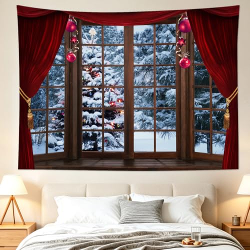 LB Winter Forest Tapestry Red 60W x 40H Inches – Christmas Pine Tree Curtain Window Wall Hanging