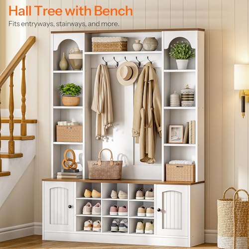 51-Inch Hall Tree with Bench and Shoe Storage, Entryway Coat Rack Organizer