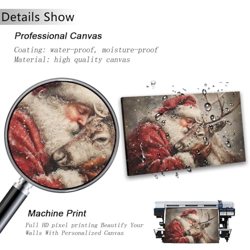 Vintage Santa and Reindeer Christmas Wall Art Canvas Print 16x12in Framed