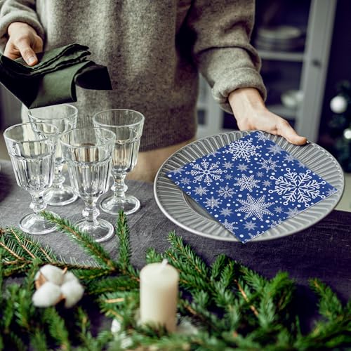 Whaline 150 Pcs Winter Snowflake Napkins — Christmas Blue & White Disposable Dinner & Cocktail Napkins