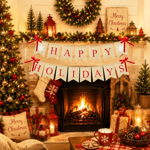 VILIFEVER Happy Holidays Burlap Banner – Christmas Decor, Indoor Home