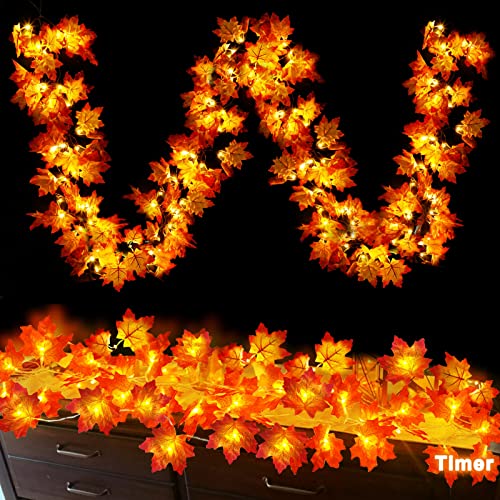 Lighted Fall Maple Leaf Garland with Timer - 2 Pack 20ft String Lights