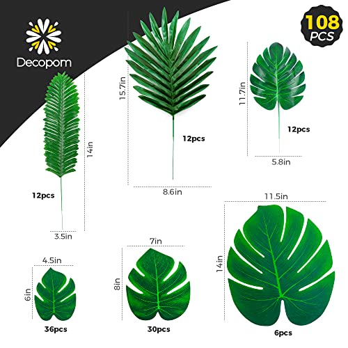 108 Pcs Artificial Tropical Palm Leaves Set with Stems for Party Decor