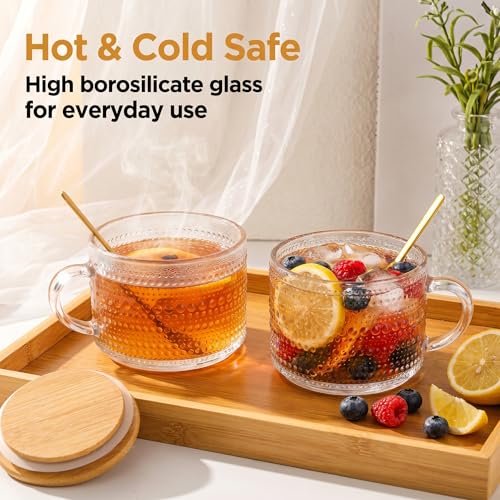 Icesip Hobnail Glass Mugs Set of 6 with Bamboo Lids & Spoons - 14oz, Sunflower & Hobnail Design