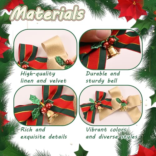 Hisgeru 12 Pcs Champagne Christmas Ribbon Bows with Bells - Small Holiday Decor