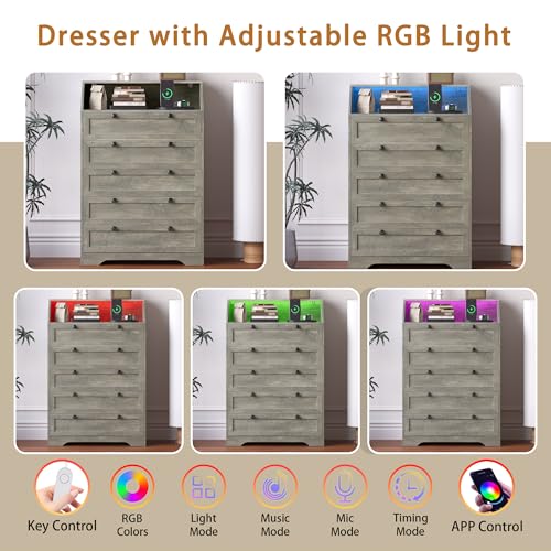 5-Drawer Tall Dresser with LED Lights, Charging Station, and Storage