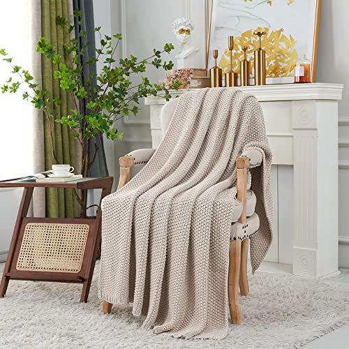 Chunky Cable Knit Throw Blanket, 100% Organic Cotton, 51" x 63", Beige