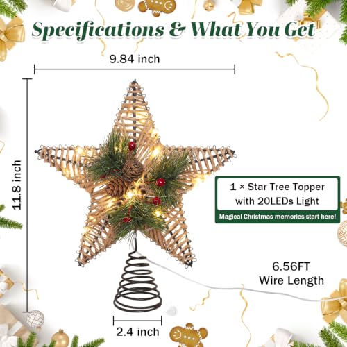 FLAVCHARM Rustic Brown Jute-Wrapped Christmas Tree Topper Star with Red Berries & Pine Cones, 20 LED Warm Lights, Battery Operated, 6H Timer