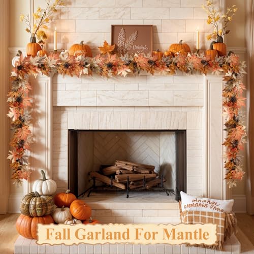 6ft Lighted Fall Garland with Timer, Autumn Leaves & Berries Decor