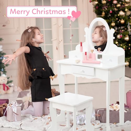 Kids' Vanity Set with Mirror and Stool - Wooden Makeup Table for Girls