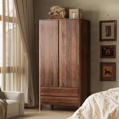 Modern Walnut Wardrobe with 2 Doors and 2 Drawers, 71-Inch Bedroom Armoire