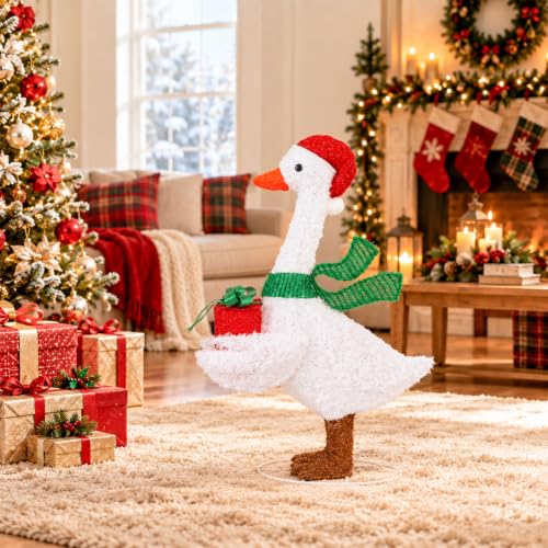 Lighted Christmas Goose Decoration with Santa Hat & Gift Box - White & Green