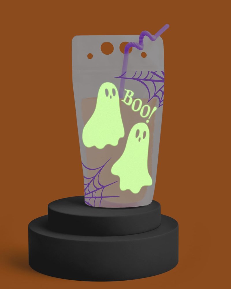 xo, Fetti Glow In Dark Halloween Party Drink Pouches + Straws - 15 Pcs | Halloween Cups, Spooky Party Decorations, Skeleon Party Favors, Ghosts, Pumpkin, Spiderwebs