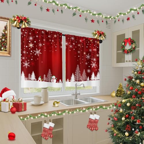 Tayney 2 Pack Christmas Kitchen Curtains 36in - Snowman Pattern, Polyester