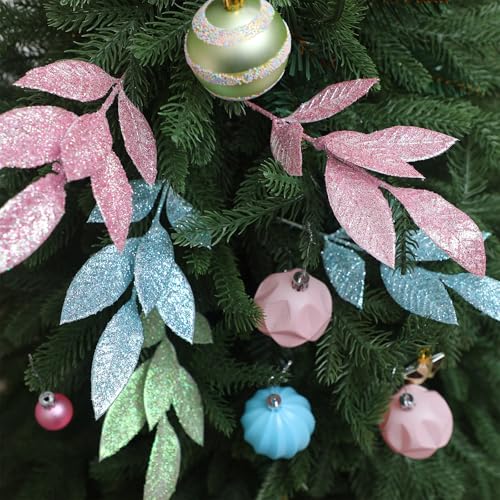 Janinka 24 Pcs Pastel Christmas Artificial Leaf Picks Macaron Tree Decor (Pastel Pink/Blue/Green)