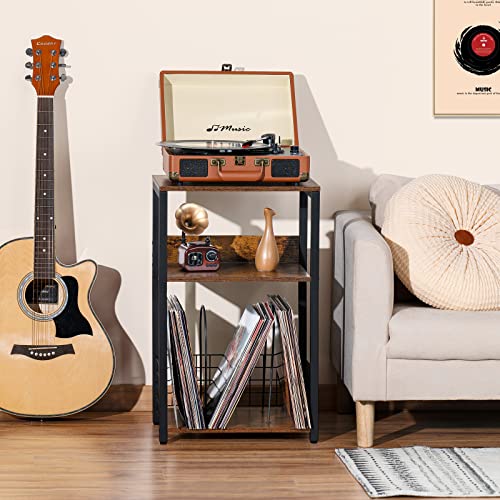 3-Tier Record Player Stand with Vinyl Album Storage, Rustic End Table