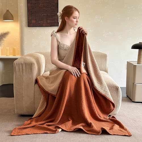 100% Cotton Muslin Blanket King Size - Soft & Breathable 4-Layer Design (Rust Orange, 104" x 92")