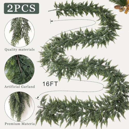 FOTEEWL 2 Pieces 16FT Artificial Cedar Garland for Christmas Decor, Indoor Outdoor