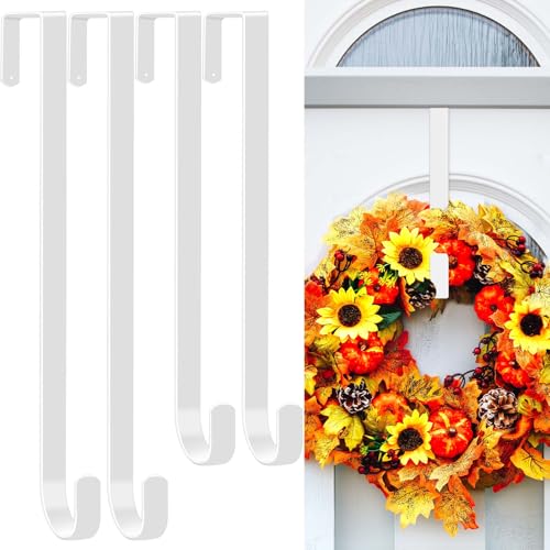 Over the Door Wreath Hangers, 4-Pack (12in & 15in) - White Metal Hooks