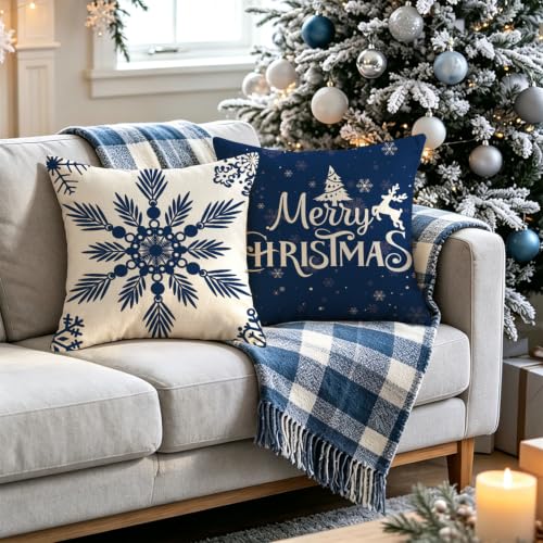 Blue Snowflake Christmas Pillow Covers 20x20 Inch Set of 4 - Holiday Decor