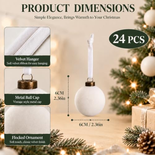 JYXCJL Velvet Christmas Balls 2.36 Inch, White, 24-Pack Shatterproof Ornaments