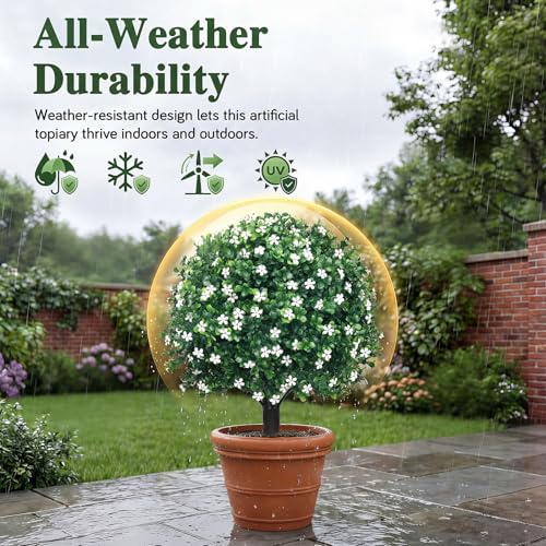 22-Inch Artificial Topiary Boxwood Ball Trees for Outdoor Decor, Set of 2