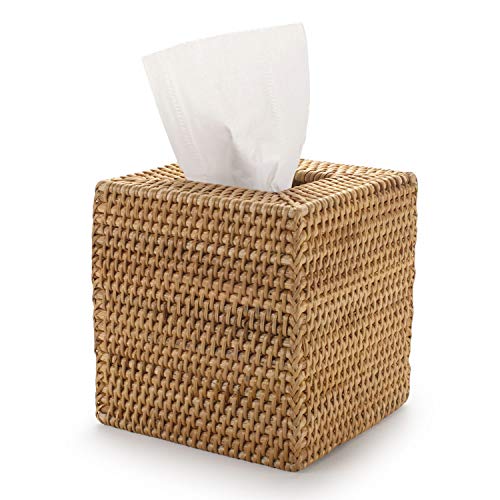 Square Rattan Tissue Box Cover, Hand Woven Wicker Tissue Holder 5.5 Inch