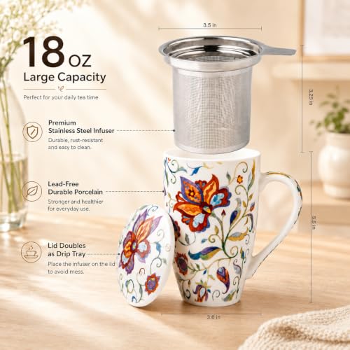 GBhome Mandala Tea Mug with Infuser & Lid - 18 oz Loose Leaf Steeper