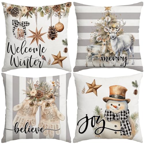 Artmag 16x16 Inch Christmas Pillow Covers Set of 4 Snowman Gloves Welcome Winter Grey White Stripes Farmhouse Home Decor