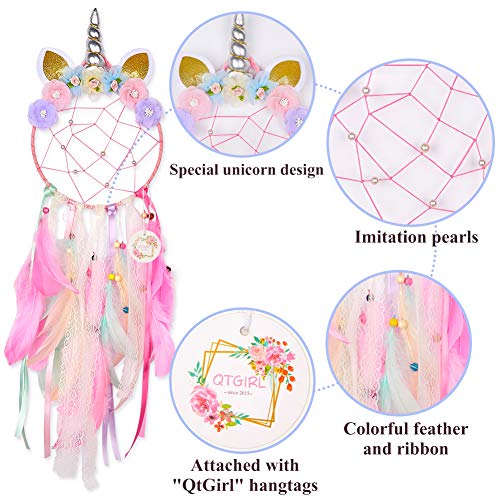 Unicorn Dream Catcher Wall Decor for Kids Bedroom with Feathers and Pearls