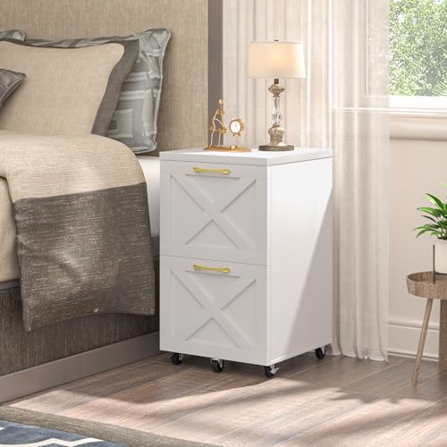 2-Drawer Rolling File Cabinet, Farmhouse Under Desk Printer Stand - White