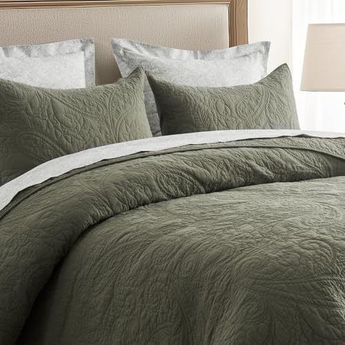 EverGrace 100% Cotton Paisley Quilt Set - King, Olive Green, 3 Pieces
