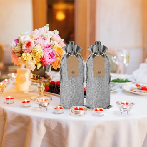 Windyun 100Pcs Burlap Wine Bags with Drawstring, Gray, Gift Sacks for 750ml Bottles