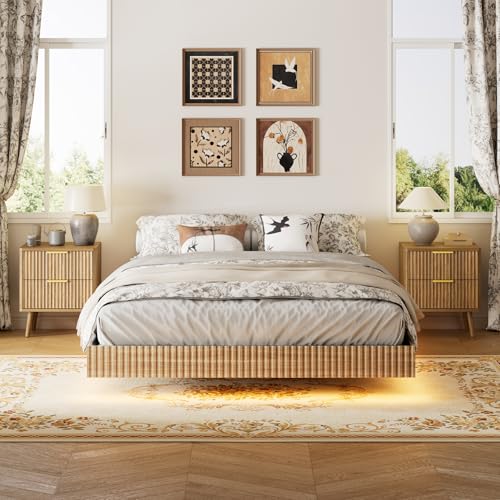 3-Piece Queen Floating Bed Frame Set with LED Lights and 2 Nightstands