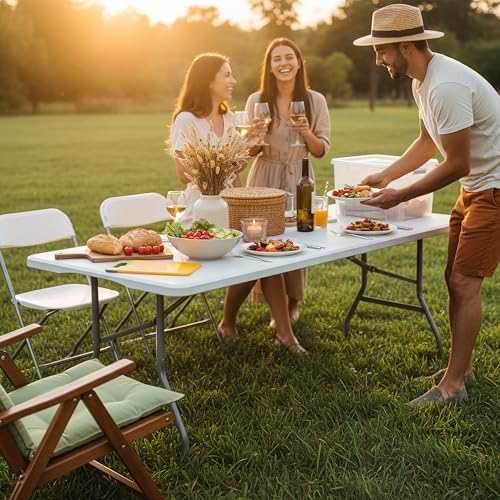 6ft Heavy Duty Folding Table, Portable HDPE Plastic Fold-in-Half Table