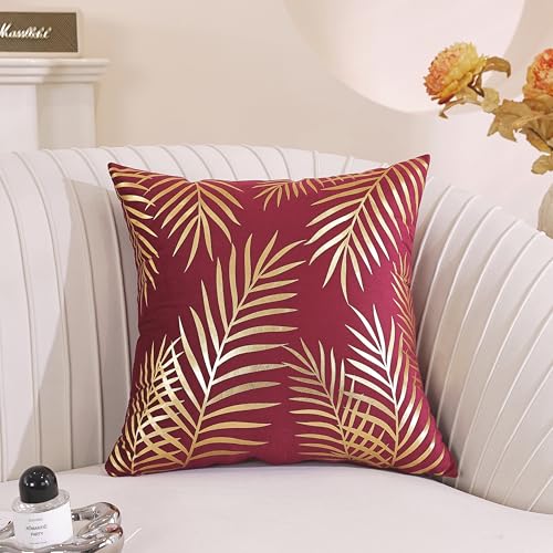 TAOSON 2 Pack Wine Red Velvet Pillow Covers 18x18 with Gold Leaves