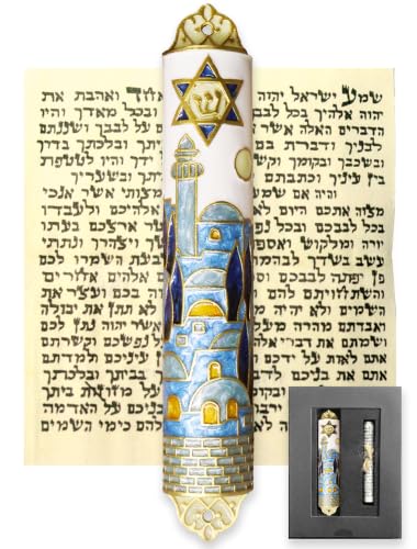 4-Inch Enamel Mezuzah Case with Scroll, Jerusalem Motif, 2-Way Install