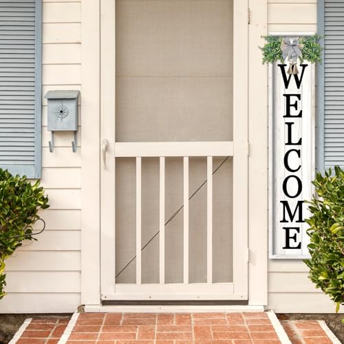 45-Inch Rustic Farmhouse Welcome Sign for Porch, White Wood Vertical Leaner