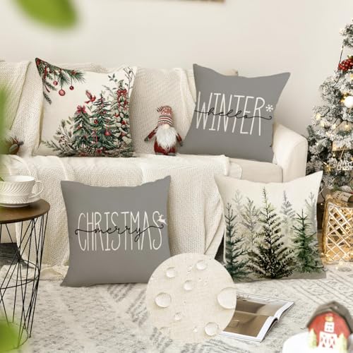 RABUSOFA Waterproof Christmas Pillow Covers 18x18 Inches Set of 4 Gray Outdoor Tree Decor