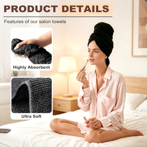 Puomue 6 Pack Black Microfiber Salon Towels - Soft, Absorbent, Fast Drying, 27x16 Inch