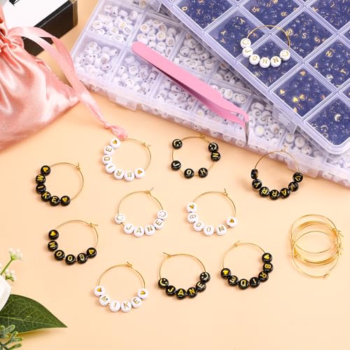 Wlovax White & Gold 50 Pcs DIY Wine Glass Charms - Alphabet Beads & Drink Rings