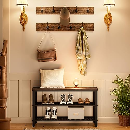 Entryway Hall Tree with Storage Bench and 9 Coat Hooks - Rustic Brown