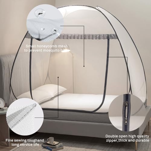 Pop-Up Mosquito Net Bed Tent - Fully Enclosed Canopy (Full/Queen, Gray)