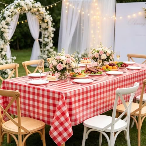 Red Checkered Plastic Tablecloth 54 x 108 Inches - 2 Pack Disposable Gingham for Parties