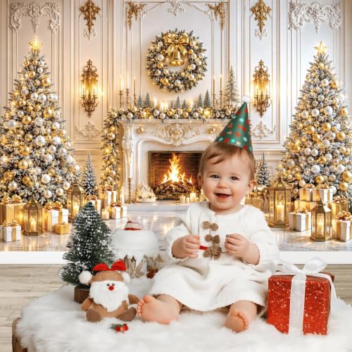 8x6FT White Gold Christmas Fireplace Backdrop | Winter Wonderland Photo Background