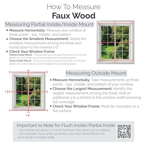 Cordless Faux Wood Blinds - White 20" W x 36" H, Flush Mount
