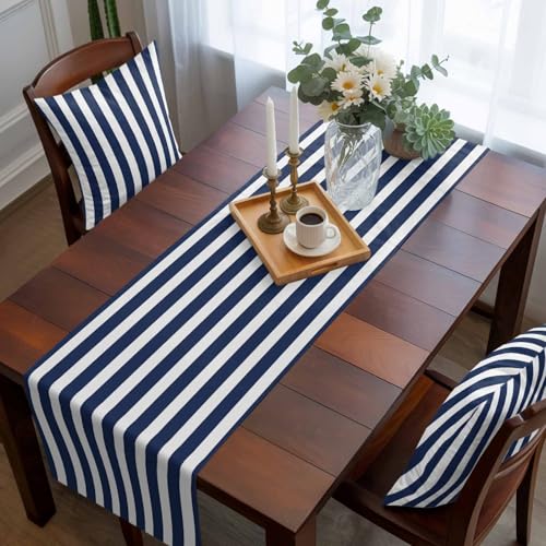 DecorLovee Navy Blue Striped Bed Runners for King Size with 2