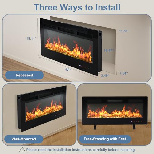 42 Inch Electric Fireplace Wall Mounted Recessed Space Heater Remote