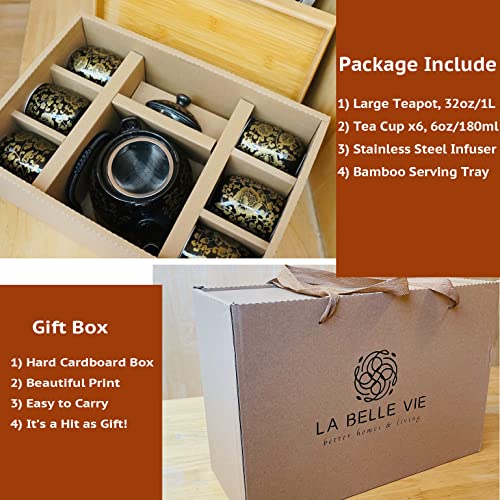 La Belle Vie Black Porcelain Tea Set with 6 Cups & Infuser – Elegant 6-Person Kitchenware
